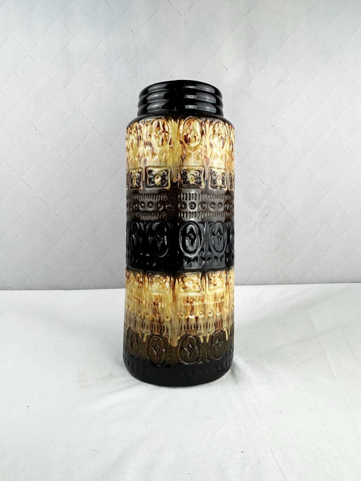 photo vinterior Large West German Pottery Floor Vase, Mid Century Geometric Cream Chocolate Brown, Scheurich 1970s