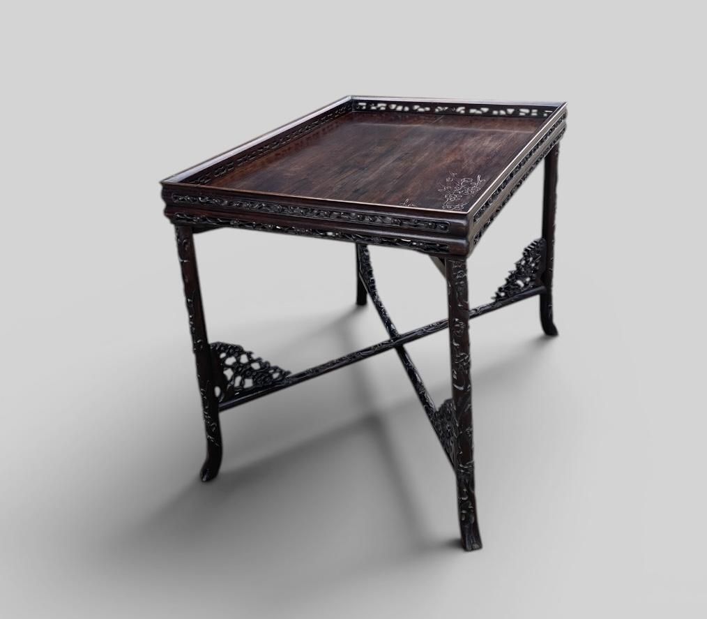 Antique Chinese Carved Padauk Tray On Stand photo vintage