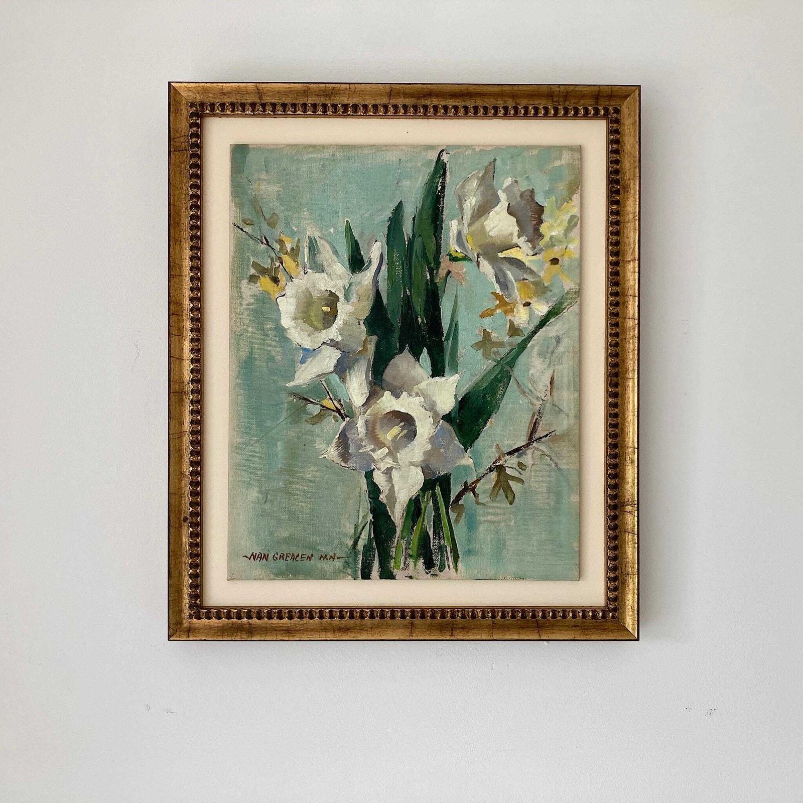 Daffodils Oil Painting – Nan Greacen Impressionist Floral Still Life, Framed Canvas photo furniture