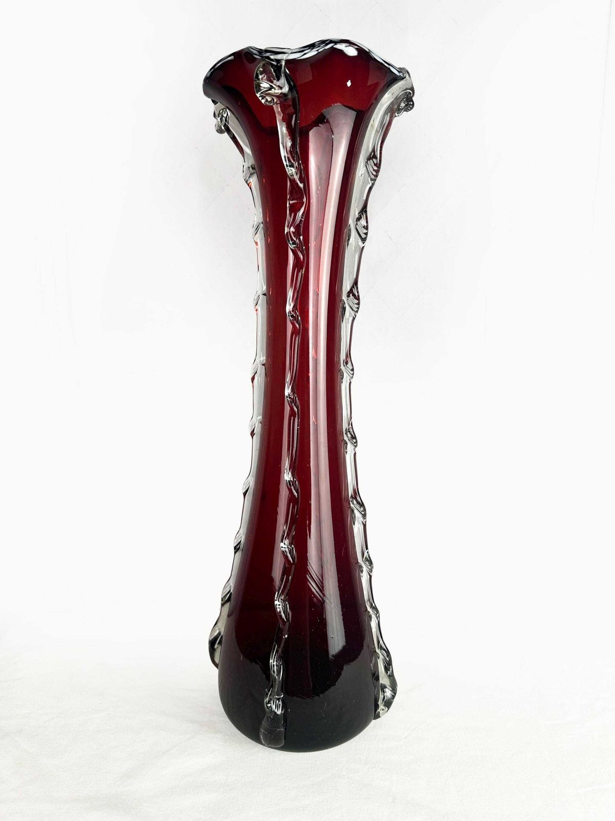 Mid Century Handblown Cranberry Red And Clear Glass Vase Circa 1960 photo for sale