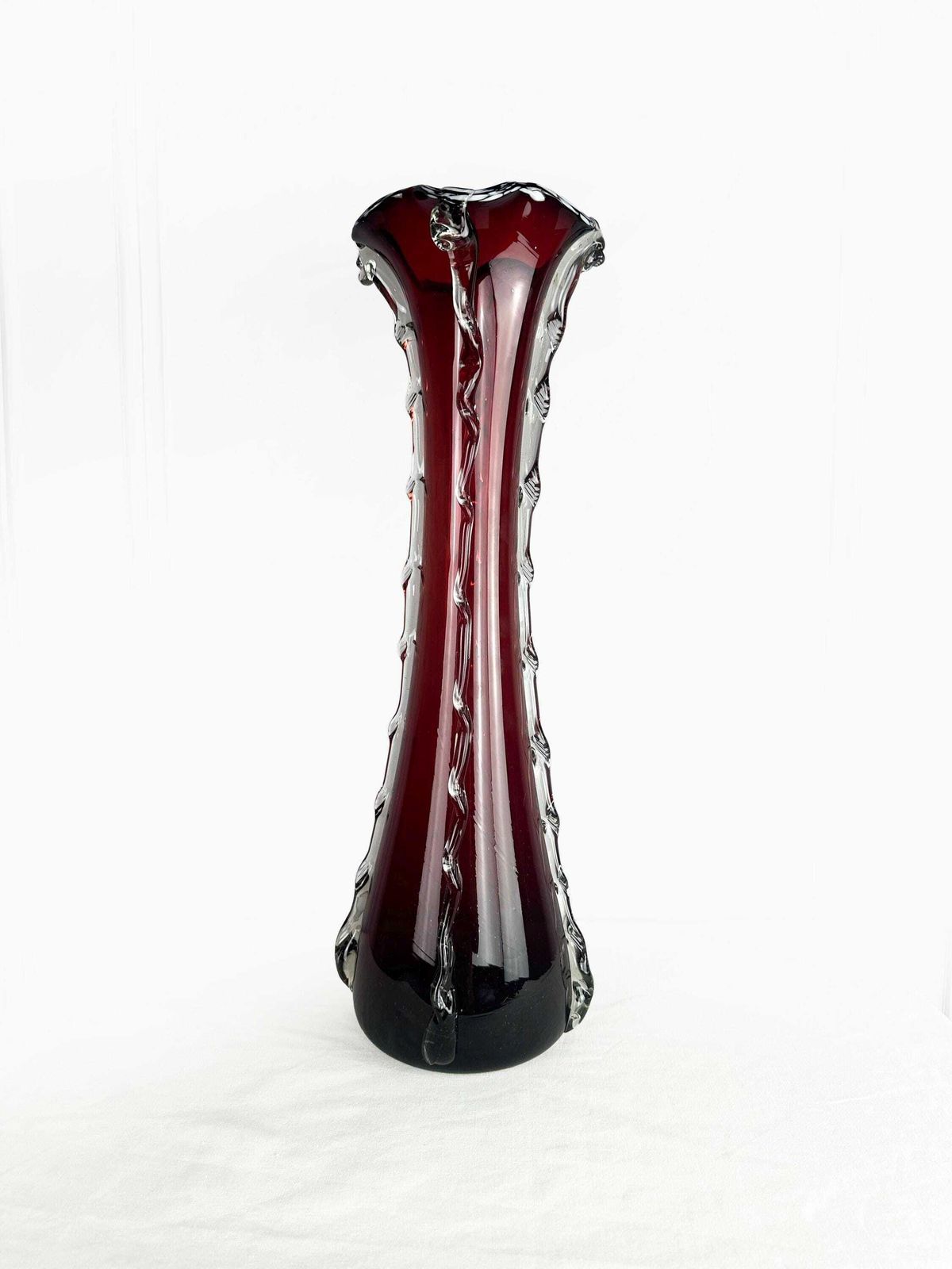 photo furniture Mid Century Handblown Cranberry Red And Clear Glass Vase Circa 1960
