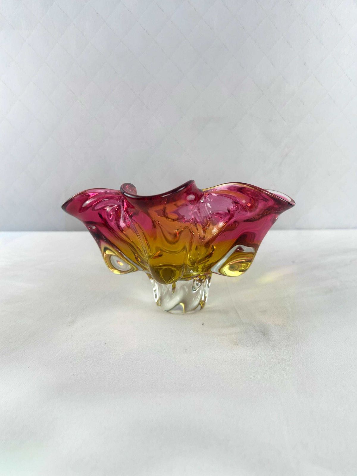 Josef Hospodka Chribska Sommerso Glass Bowl, Pink Yellow Flower Art photo buy