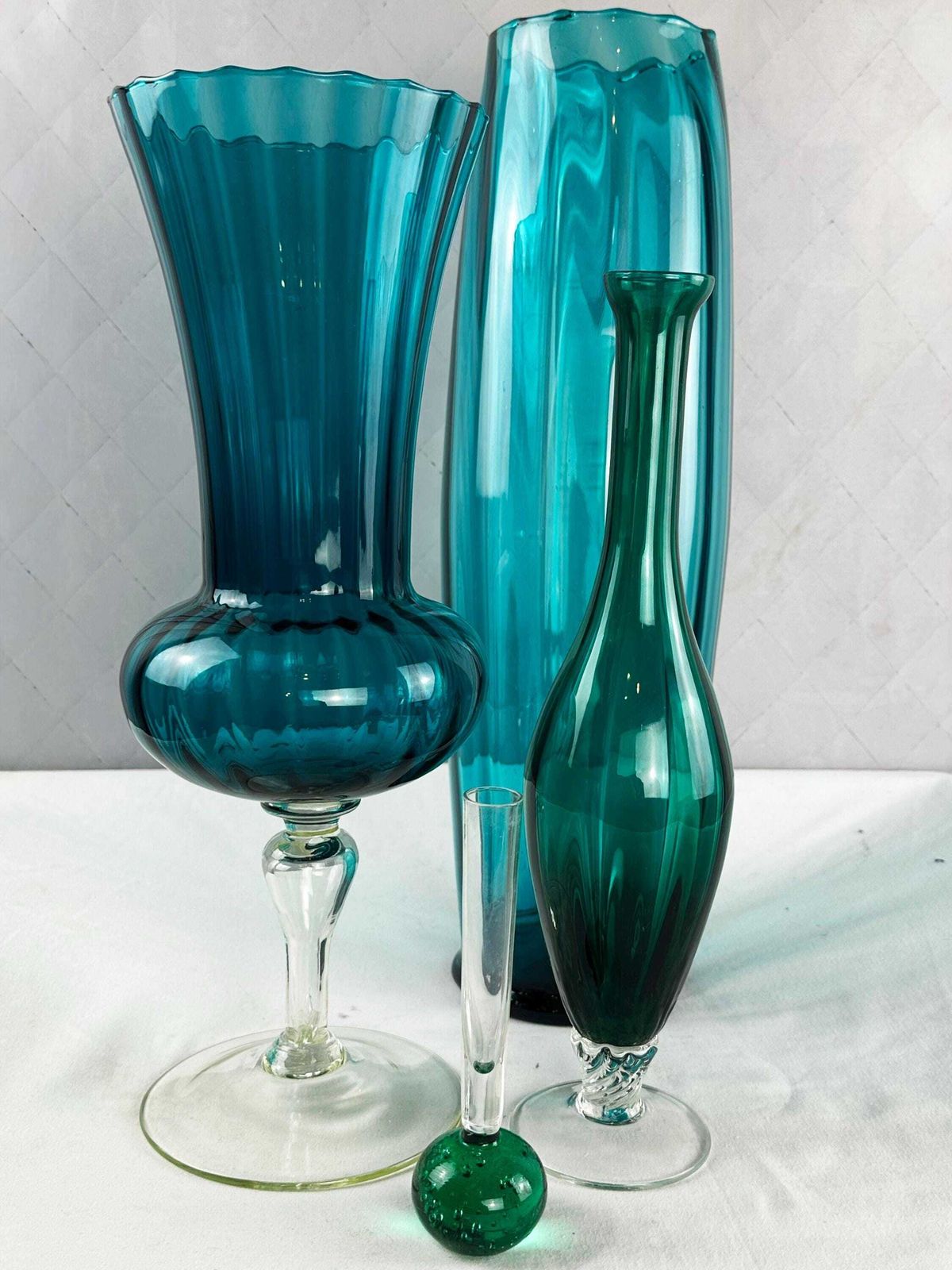 Mid Century Empoli Glass Vases: Aqua Marine, Teal, Emerald Tones (Set Of 4) photo vinterior