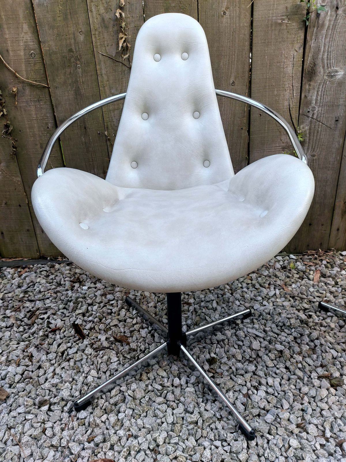 photo buy Mid Century Modern Pair Atomic Style Cream Vinyl Swivel Chairs
