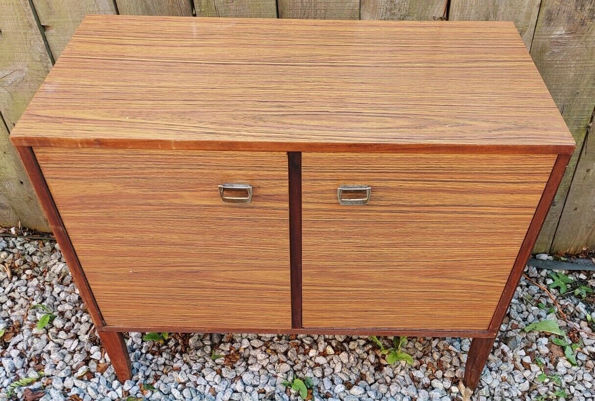 Mid Century Modern Campact Record Holder And Drinks Cabinet Wood Effect Formica photo furniture