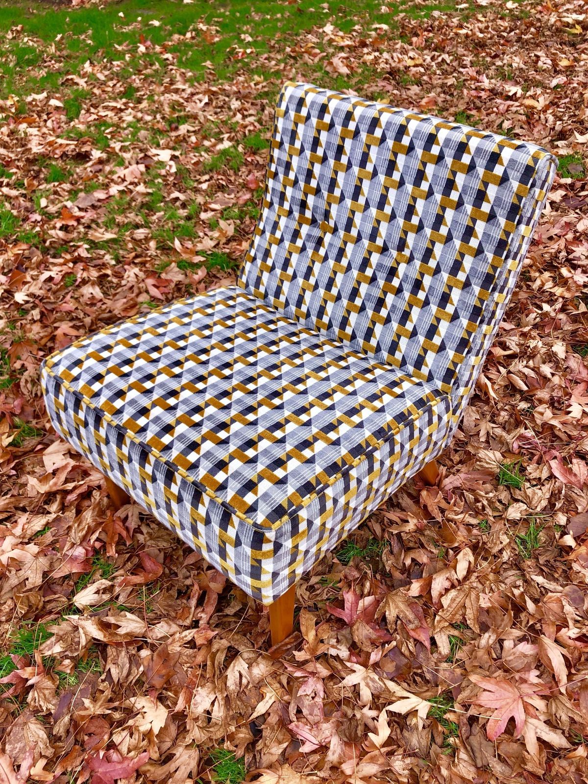 The 'Piccadilly London Underground' Chair, Unique Mid Century Cocktail Chair Reupholstered In Geometric Romo 'Piccadilly Underground' Fabric. photo 795.0