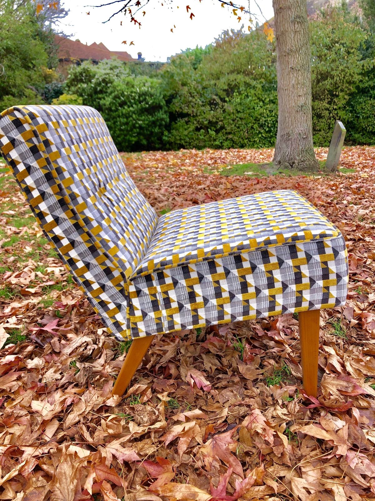 The 'Piccadilly London Underground' Chair, Unique Mid Century Cocktail Chair Reupholstered In Geometric Romo 'Piccadilly Underground' Fabric. photo vinterior