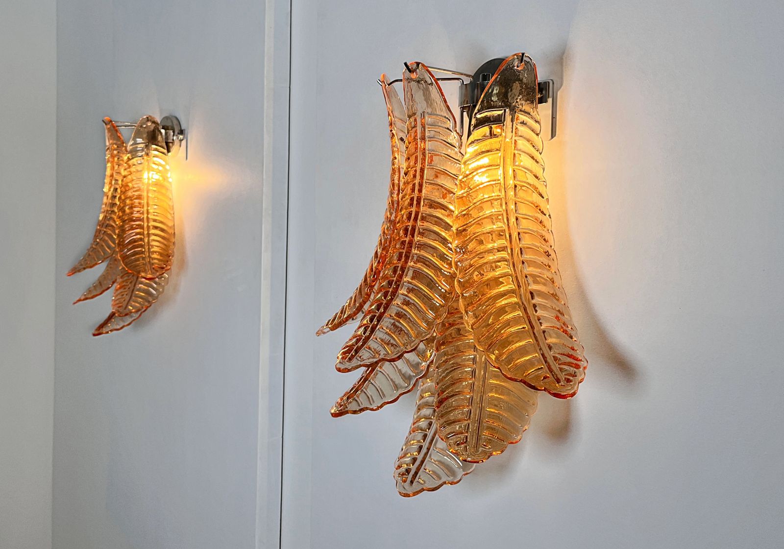 450.0 Pair Of Vintage Murano Amber Felci Glass Wall Sconces photo