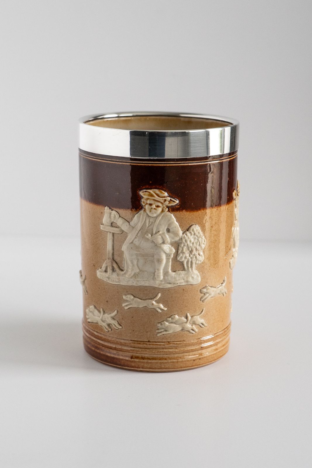 Royal Doulton 'Harvest& Hunting' Tankard Impressed Marks Dated 1903 With Mappin & Webb Silver Plated Collar photo for sale