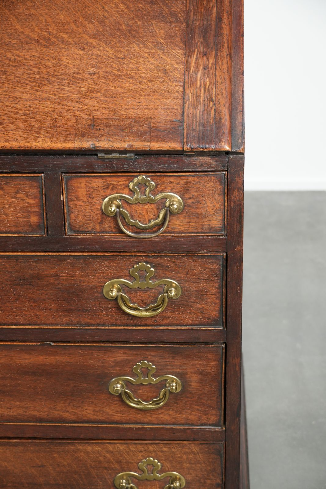 Furniture Beautiful Antique English Secretary Desk From The 18th Century Made Of Oak With Original Fittings And 6 Drawers. photo