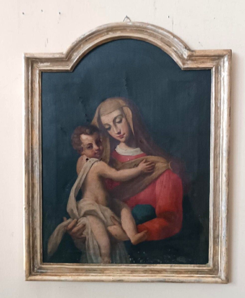 Antique Oil Painting On Canvas, "Virgin Mary And Child"