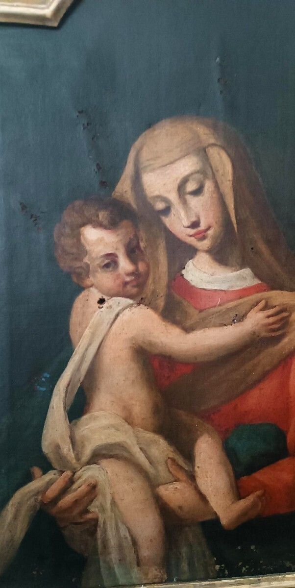 Antique Oil Painting On Canvas, "Virgin Mary And Child" photo Art