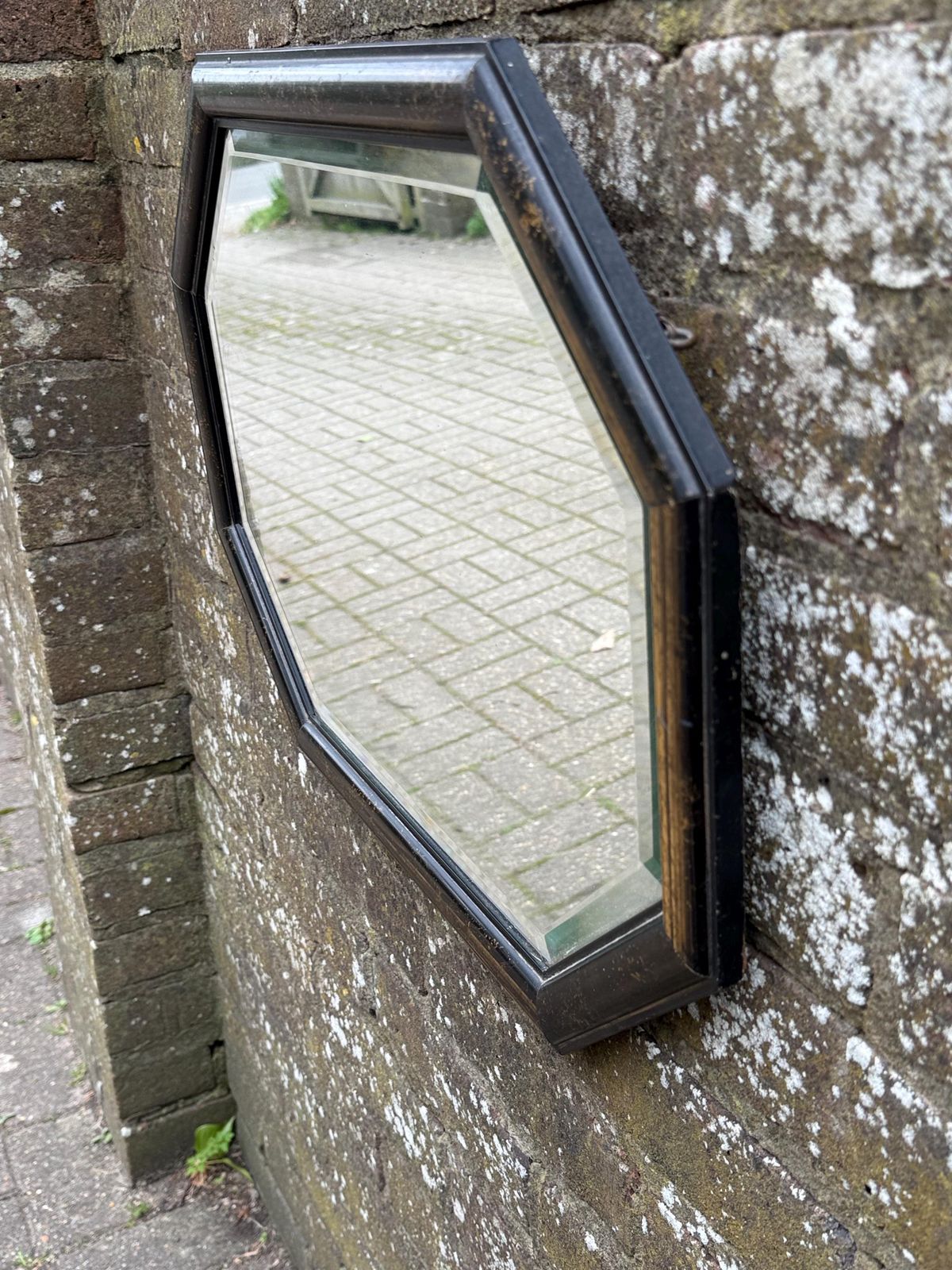 1970s Vintage Octagonal Wall Mirror, Black & Gold Resin Frame, Bevelled Glass, Retro Geometric Decor photo 135.0