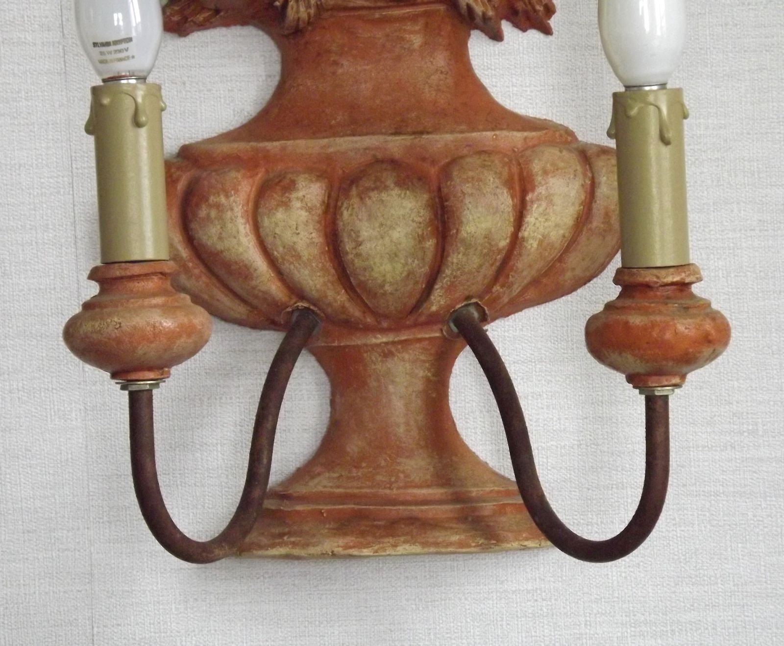 photo vintage Rare Large Pair French Terracotta Urn Wall Lights Fruit Basket Double Sconces