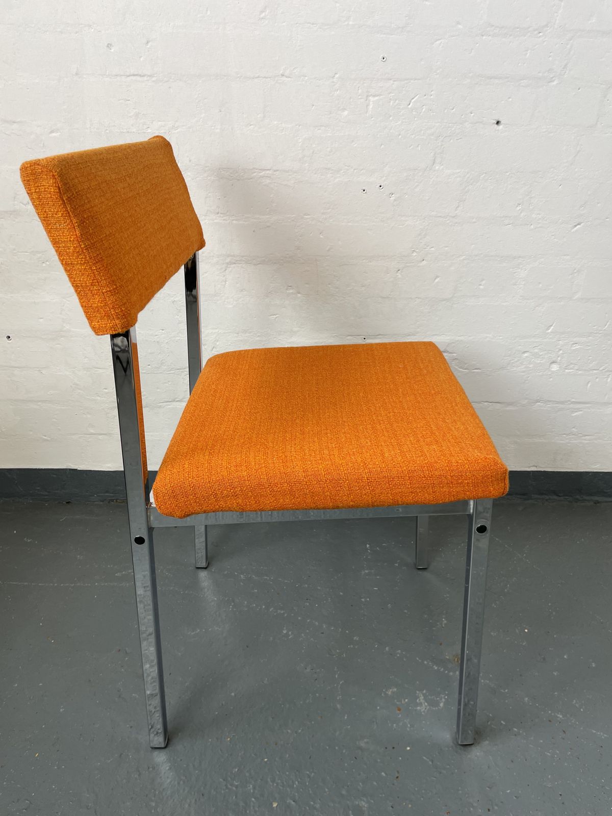 photo furniture Pair Of Vintage Orange Upholstered Chairs With Chrome Frame | Mid Century Modern Designer Style Seating