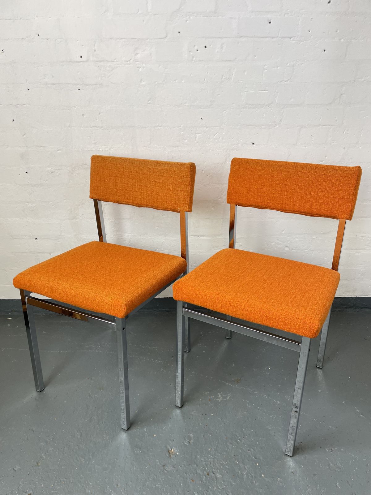 Pair Of Vintage Orange Upholstered Chairs With Chrome Frame | Mid Century Modern Designer Style Seating