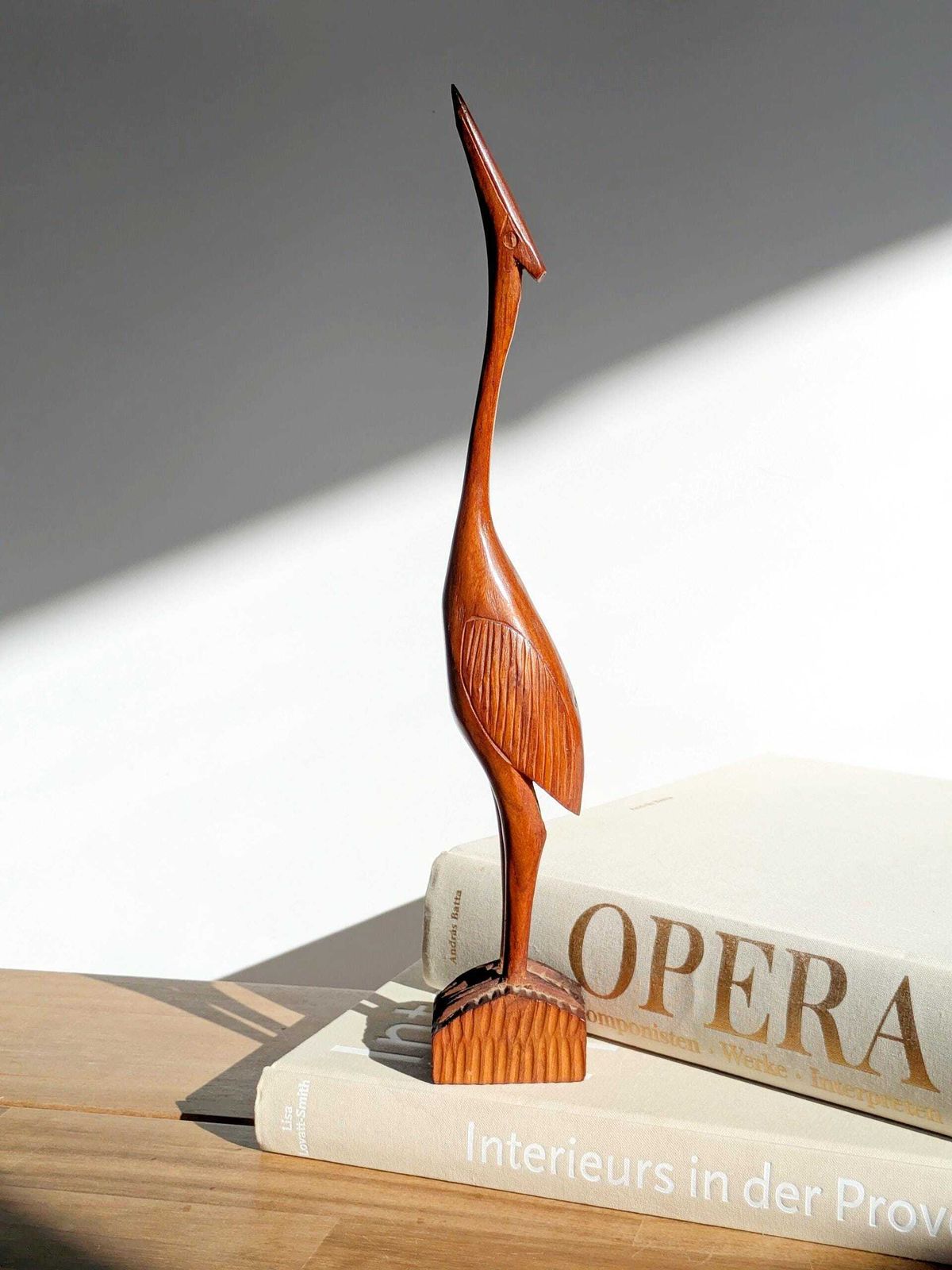 Midcentury Teak Crane Sculpture, 34.5 Cm Hand Carved Danish Style Bird Figurine, Scandi Decor photo furniture