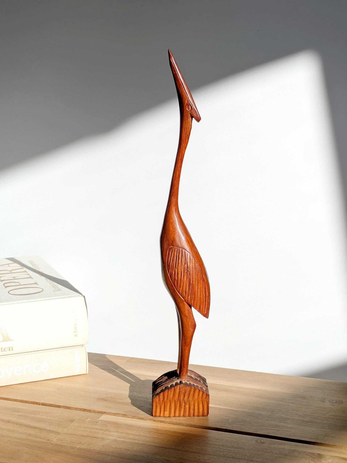 photo vinterior Midcentury Teak Crane Sculpture, 34.5 Cm Hand Carved Danish Style Bird Figurine, Scandi Decor