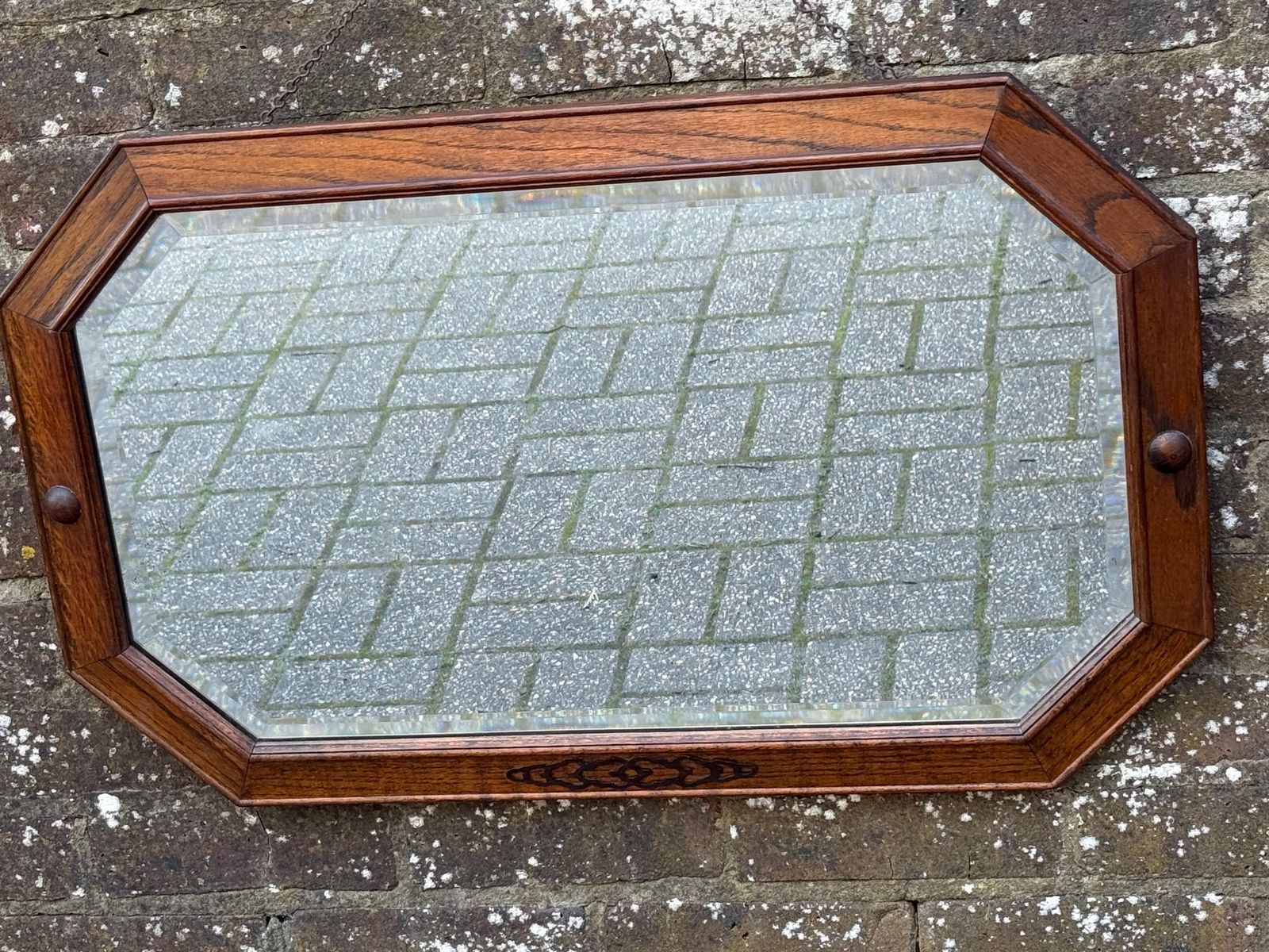 Vintage Oak Wall Mirror – Bevelled Glass, Octagonal Frame With Metal Inlay Detail – Early 20th Century (1920s 30s) photo Home Decor