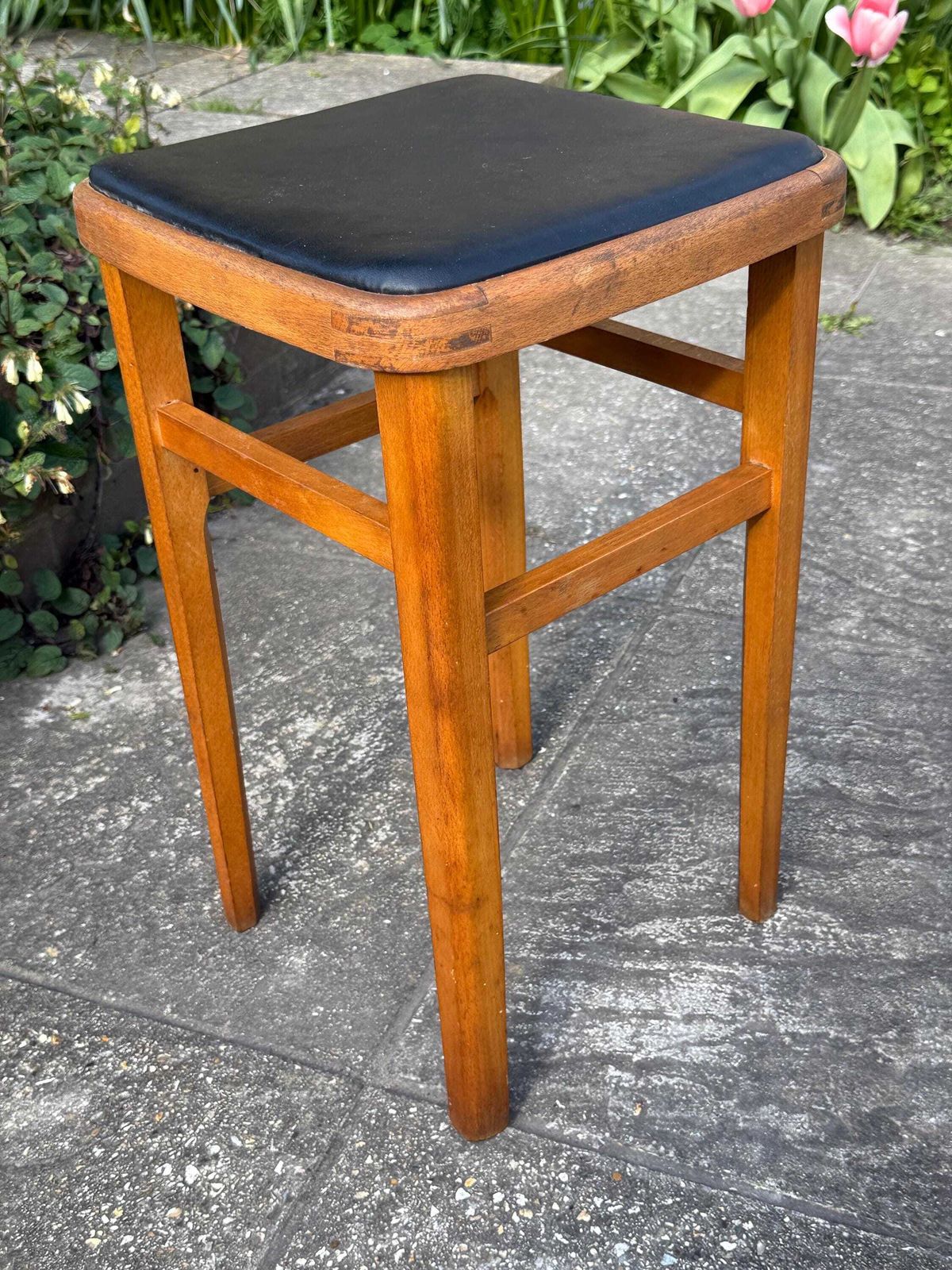 Mid Century Wooden Stool With Black Vinyl Seat – Retro Occasional Stool 1960s photo furniture