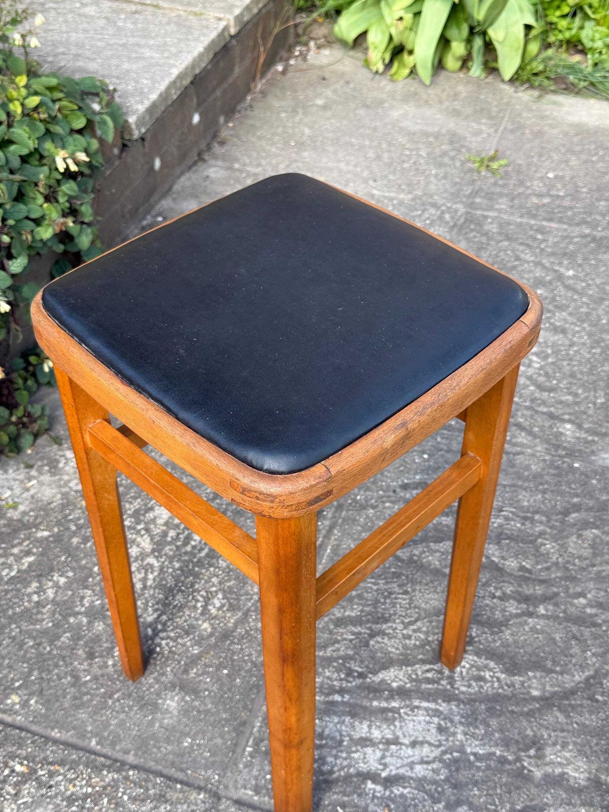 Mid Century Wooden Stool With Black Vinyl Seat – Retro Occasional Stool 1960s photo for sale