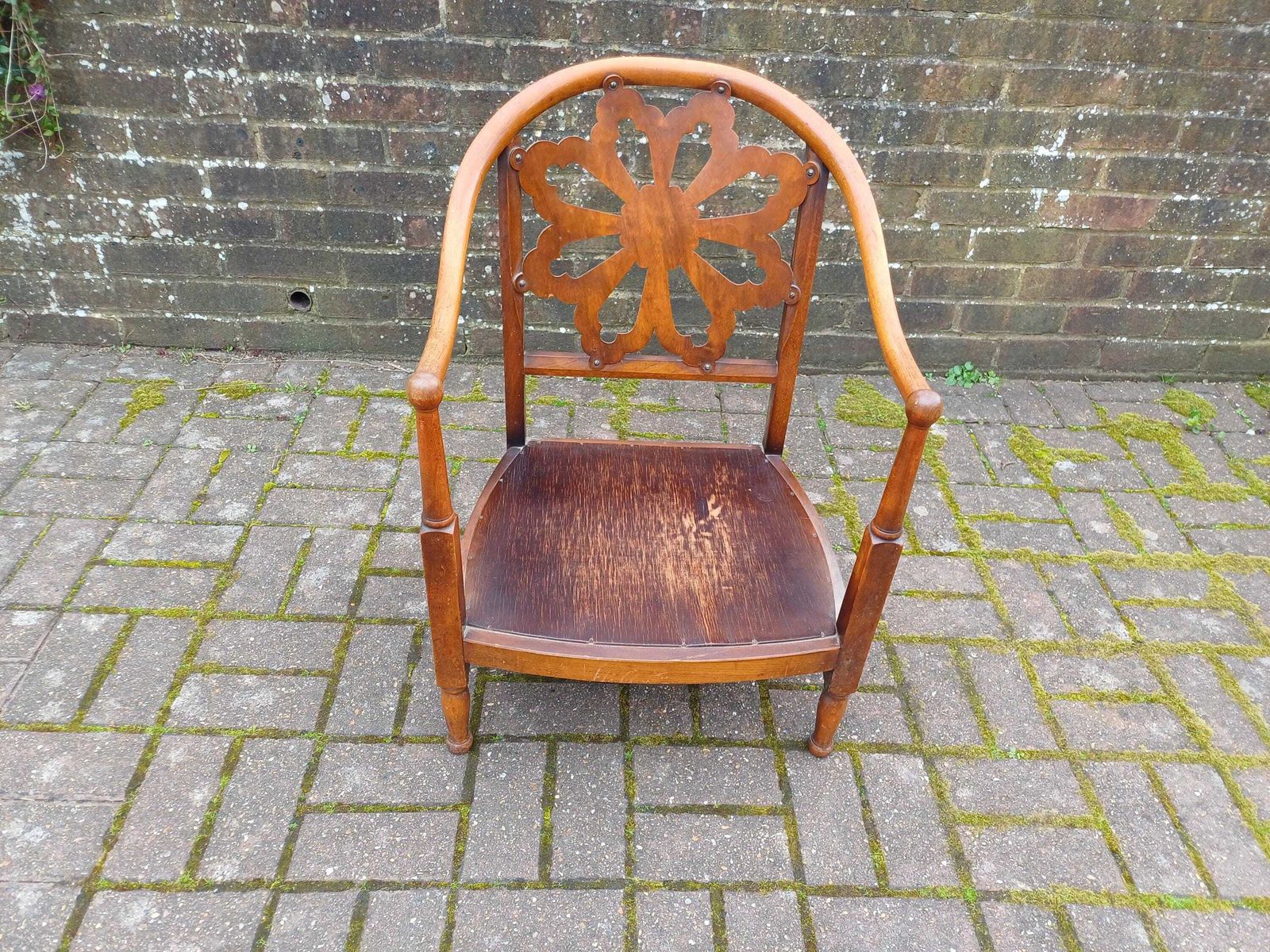Antique Arts And Crafts Style Beech Occasional Chair Fretwork Back Bentwood Arms Floral Cushion Vintage Armchair Seat. photo buy