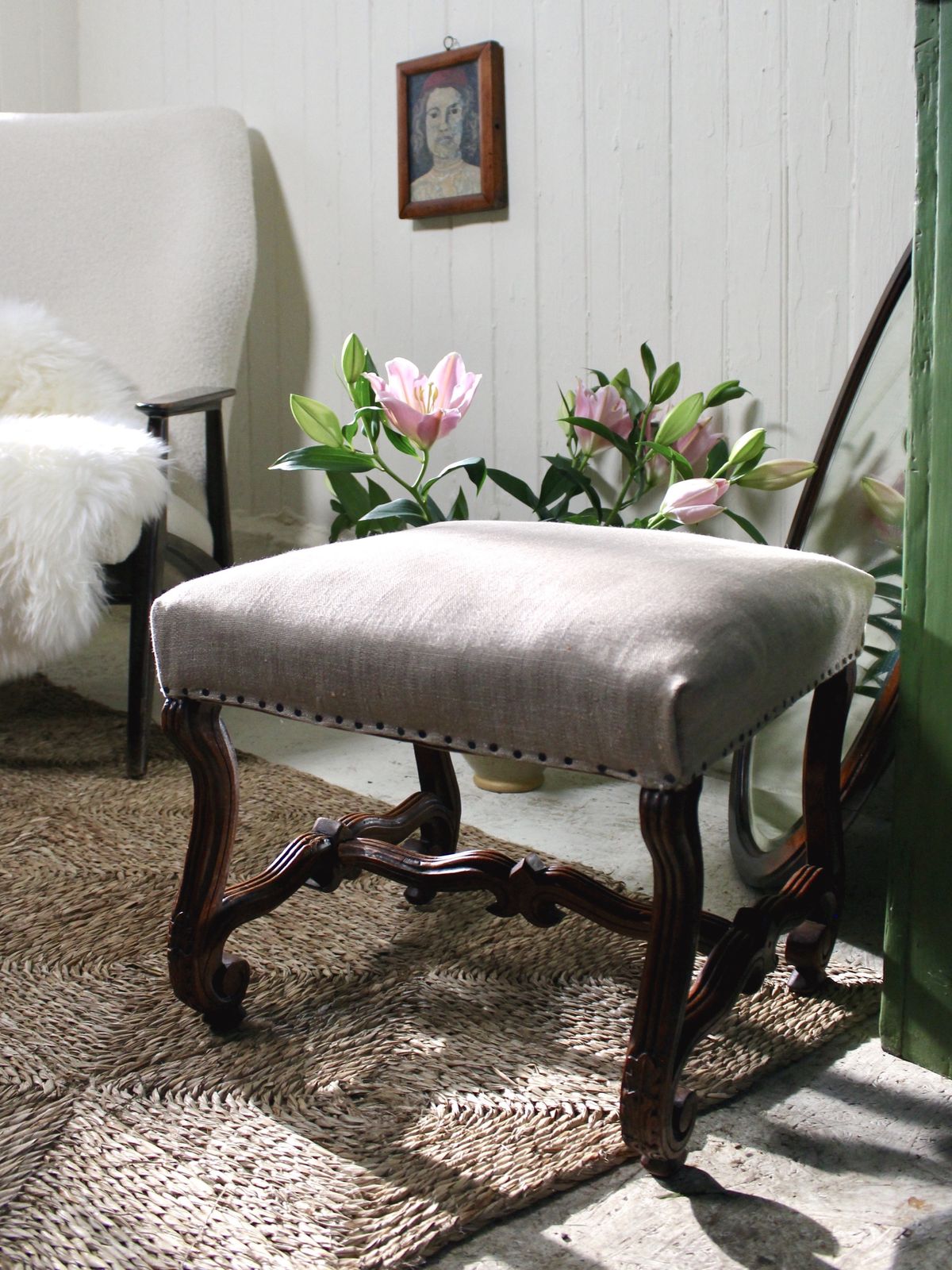 Mid Century Modern Danish Wooden Framed Armchair, Re Upholstered In A Cream Mohair. Circa 1950's. photo buy