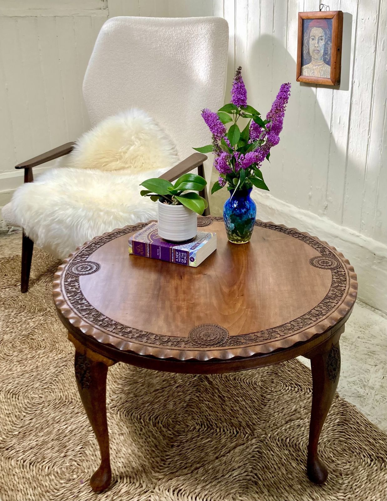 Mid Century Modern Danish Wooden Framed Armchair, Re Upholstered In A Cream Mohair. Circa 1950's. photo Furniture