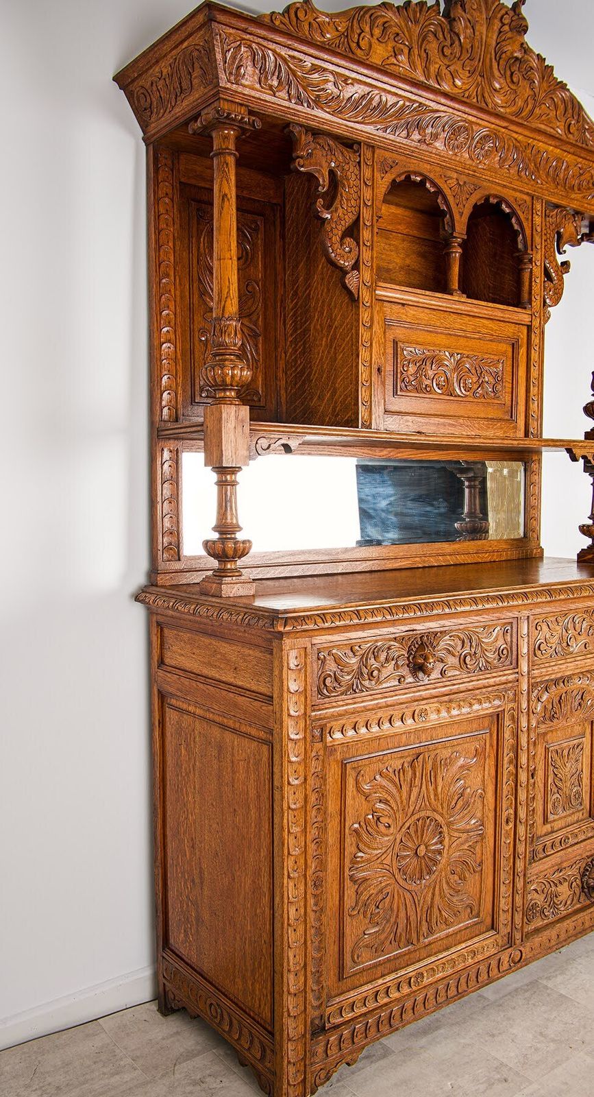 Large Antique French Oak Buffet Cabinet With Carved Chiffonier photo buy