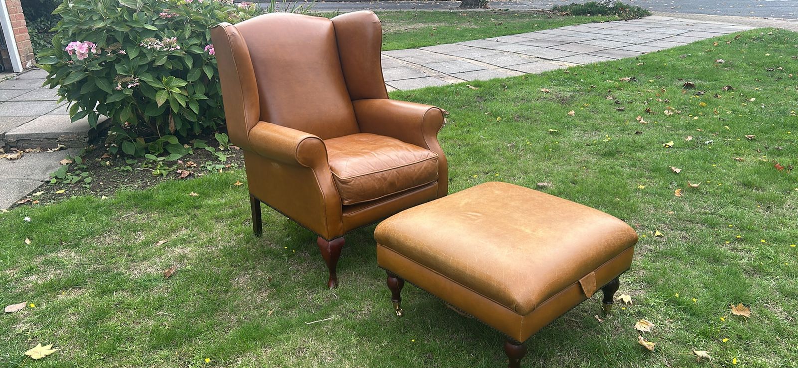 Tan Leather Southwold Vintage Laura Ashley Wingback Chair And Matching Footstool
