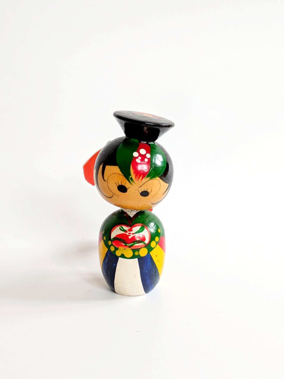 Vintage Kokeshi Style Bobblehead Doll Bride, Korean Hand Painted Wooden Nodder Bride Figurine