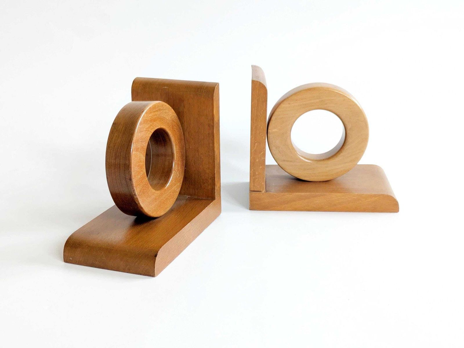 Midcentury Wooden Bookends Pair, Bauhaus Art Deco Style Hoop Design, Sculptural Shelf Decor
