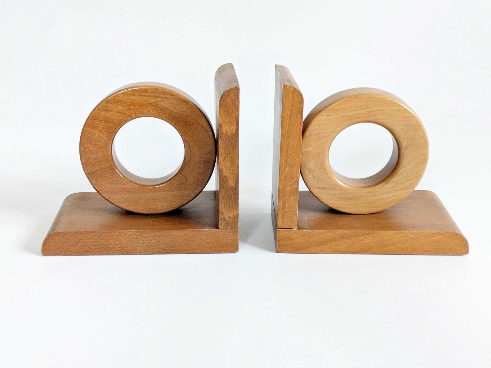 Midcentury Wooden Bookends Pair, Bauhaus Art Deco Style Hoop Design, Sculptural Shelf Decor photo for sale