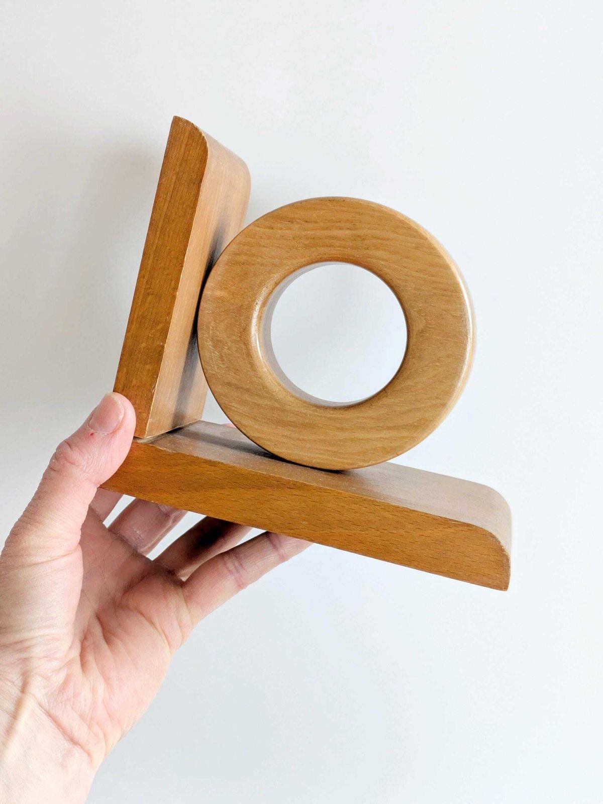 Midcentury Wooden Bookends Pair, Bauhaus Art Deco Style Hoop Design, Sculptural Shelf Decor photo Home Decor
