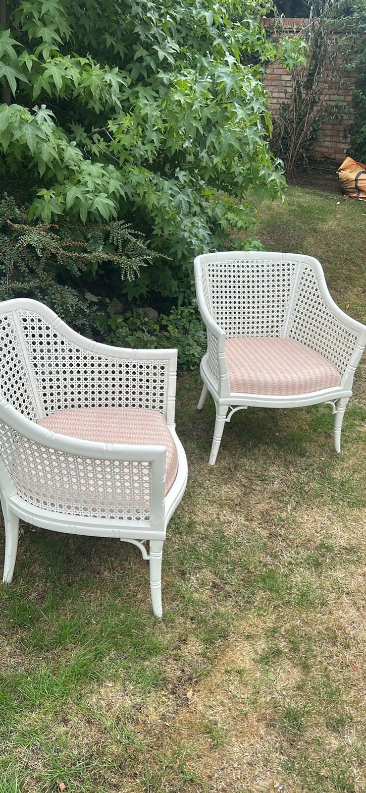 A Pair Of Vintage White Armchairs   Faux Bamboo And Cane Barrel photo for sale