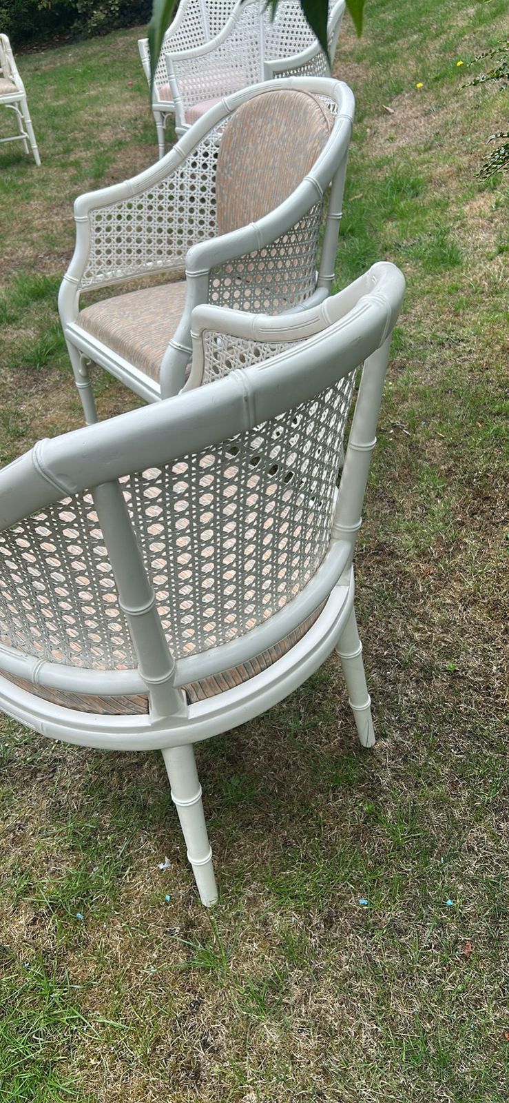 A Pair Of Vintage White Armchairs   Faux Bamboo And Cane Barrel photo vinterior
