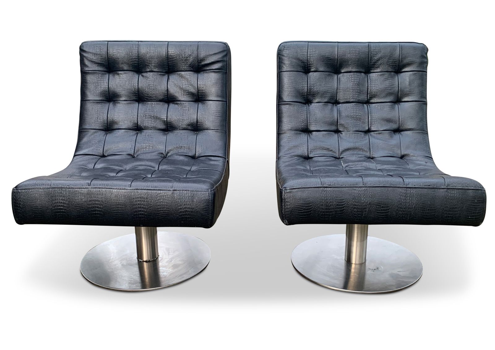 Pair Of Arne Norell Faux Black Crocodile Mid Century Modern Design Lounge Chairs. Raised On Very Heavy Pedestal Circular Swivel Bases. photo vinterior
