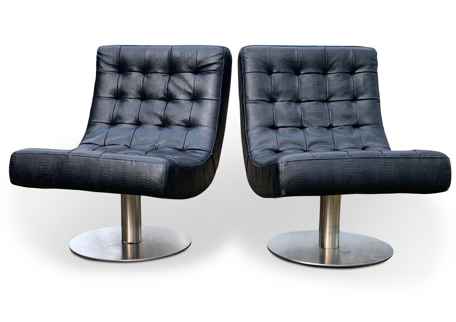 Pair Of Arne Norell Faux Black Crocodile Mid Century Modern Design Lounge Chairs. Raised On Very Heavy Pedestal Circular Swivel Bases. photo Furniture