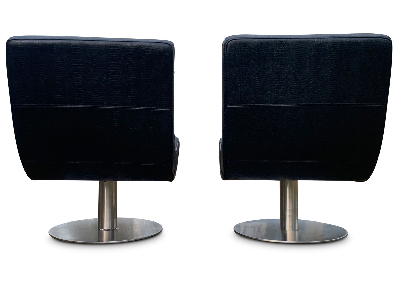 photo furniture Pair Of Arne Norell Faux Black Crocodile Mid Century Modern Design Lounge Chairs. Raised On Very Heavy Pedestal Circular Swivel Bases.