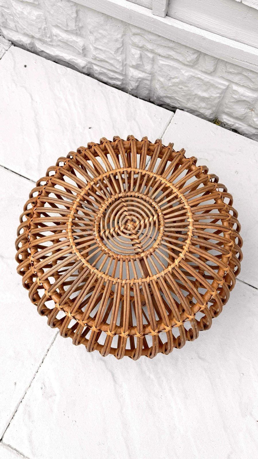Franco Albini Italian Bamboo Rattan Ottoman / Round Side Table, Vintage Boho Home Decor photo vinterior