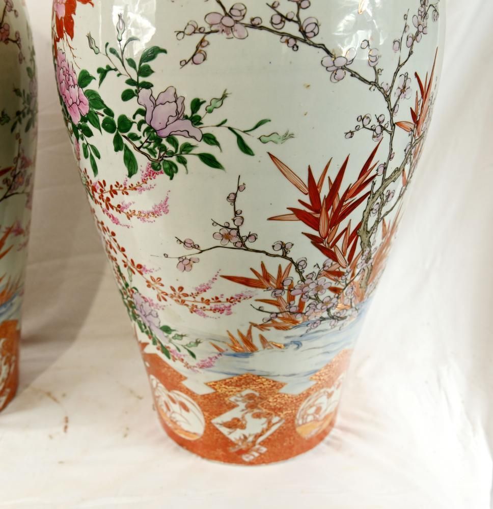 Pair Antique Japanese Satsuma Porcelain Floor Vases With Bird And Blossom Decoration photo for sale