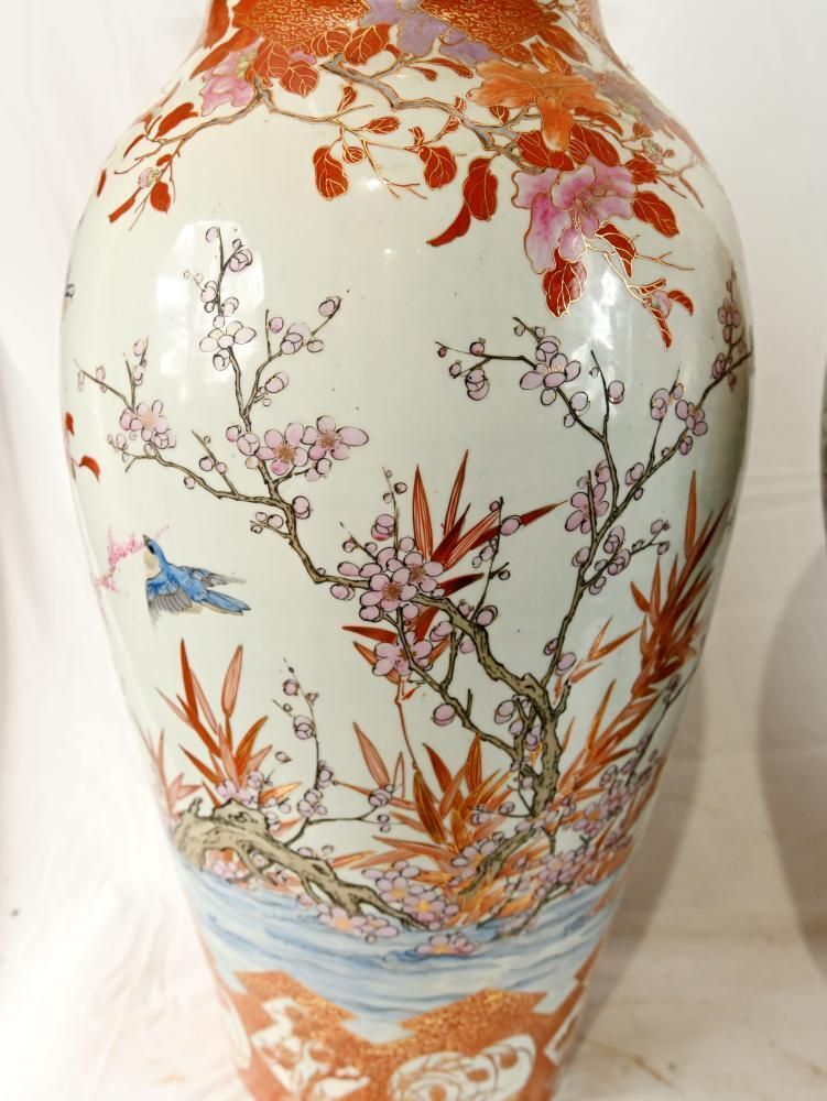 Pair Antique Japanese Satsuma Porcelain Floor Vases With Bird And Blossom Decoration photo 3650.0