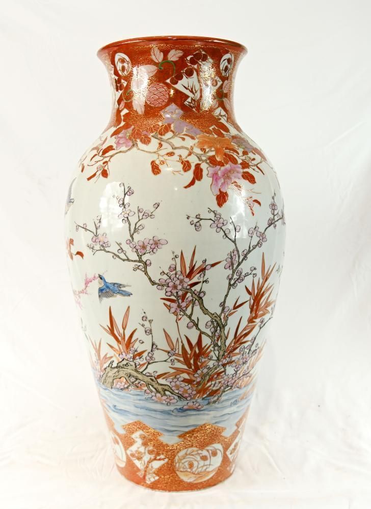 Pair Antique Japanese Satsuma Porcelain Floor Vases With Bird And Blossom Decoration photo buy