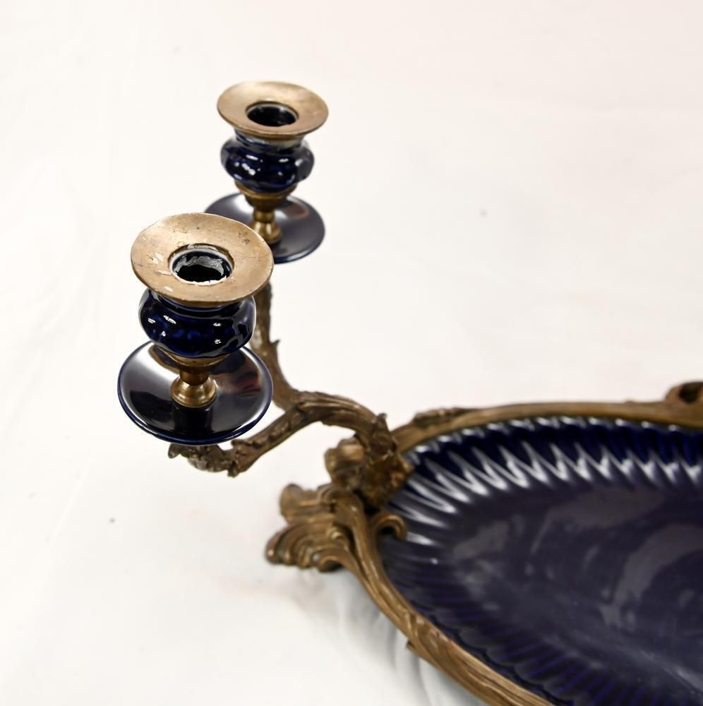 French Style Gilt Bronze Plateau With Twin Candelabra Arms And Blue Glass Inserts photo for sale