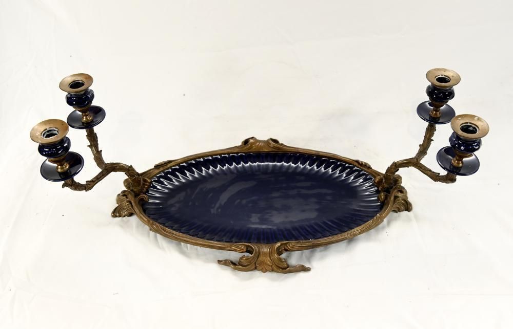 French Style Gilt Bronze Plateau With Twin Candelabra Arms And Blue Glass Inserts photo Home Decor