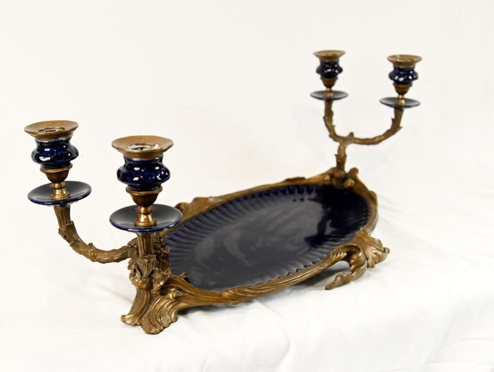 French Style Gilt Bronze Plateau With Twin Candelabra Arms And Blue Glass Inserts photo 495.0