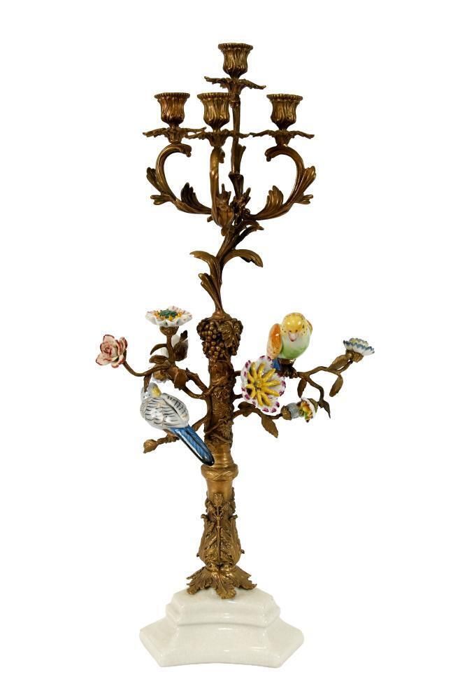 Pair French Gilt Candelabra Bird Porcelain Figural Candles photo furniture