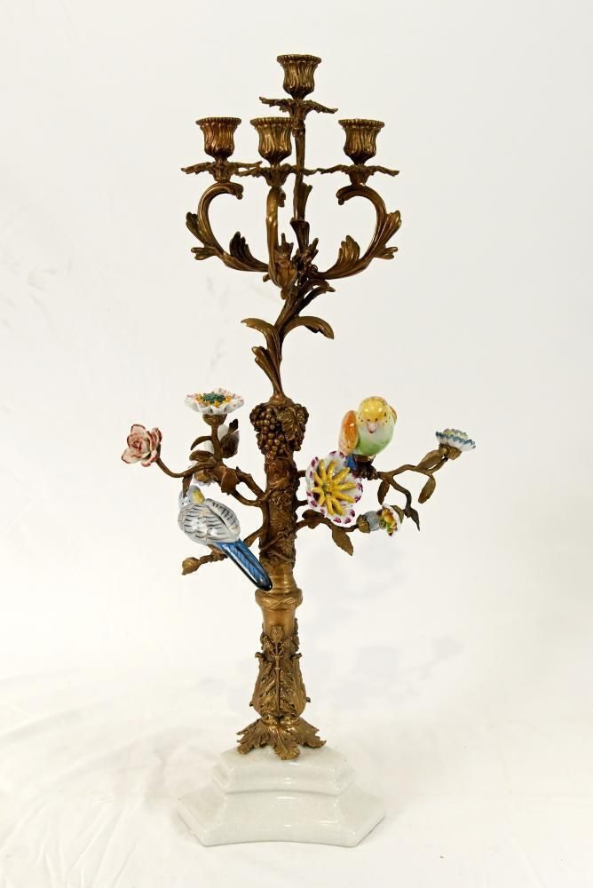 Pair French Gilt Candelabra Bird Porcelain Figural Candles photo for sale