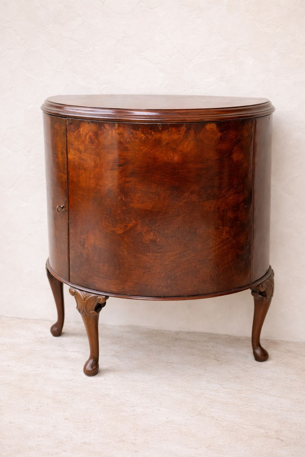 Edwardian Burr Walnut Demi Lune Cabinet / Pot Cupboard – C.1900