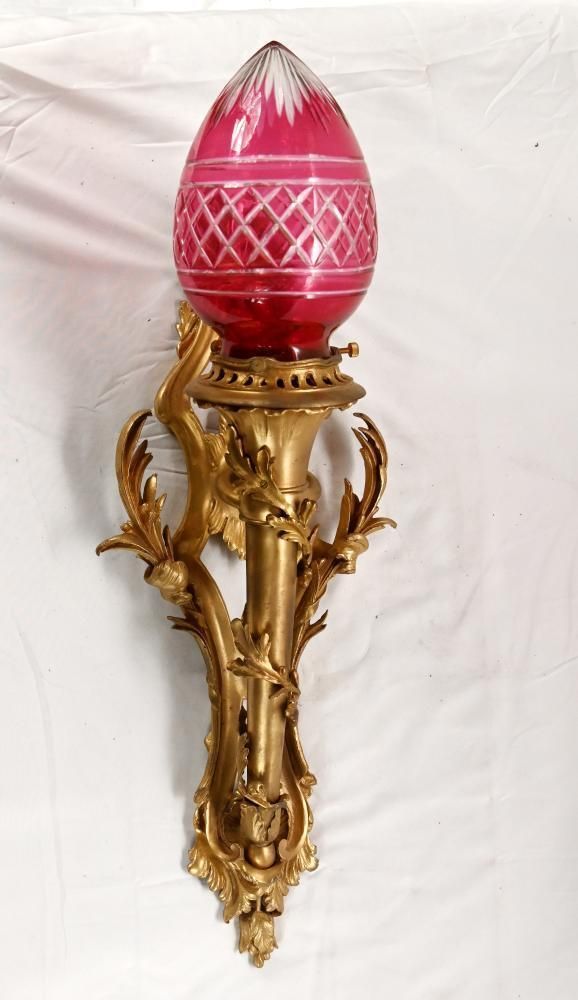 Pair French Gilt Bronze Wall Lights Sconces Cranberry Cut Glass Shades Louis XV Revival photo furniture